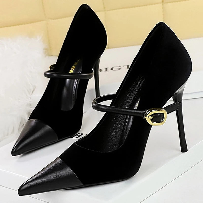 Suede Buckle Design Pumps - Pointed Toe Stilettos Available in 7cm and 10cm Heights