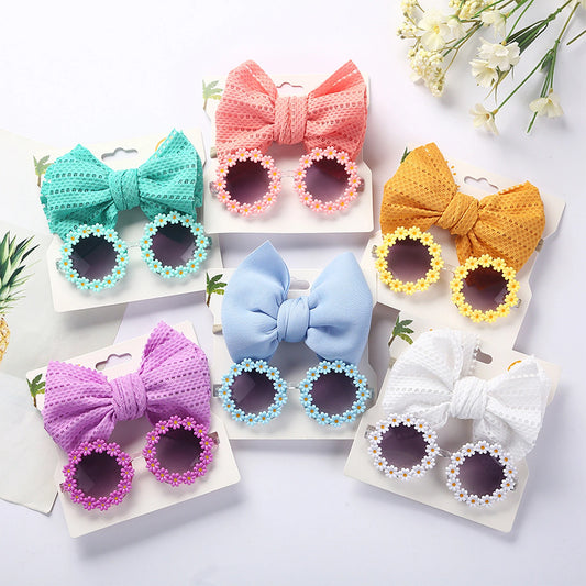 Children Kids Girls  Sunglasses Headband Set  - 2pcs Sunflower Sunglasses Matching Elastic Hollow Bow Hair Band