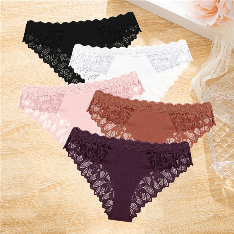 5Pcs Women's Lace Hollow Out Panties Low-Waist Comfortable Underwear Floral Breathable Briefs Stretch Soft Lingerie