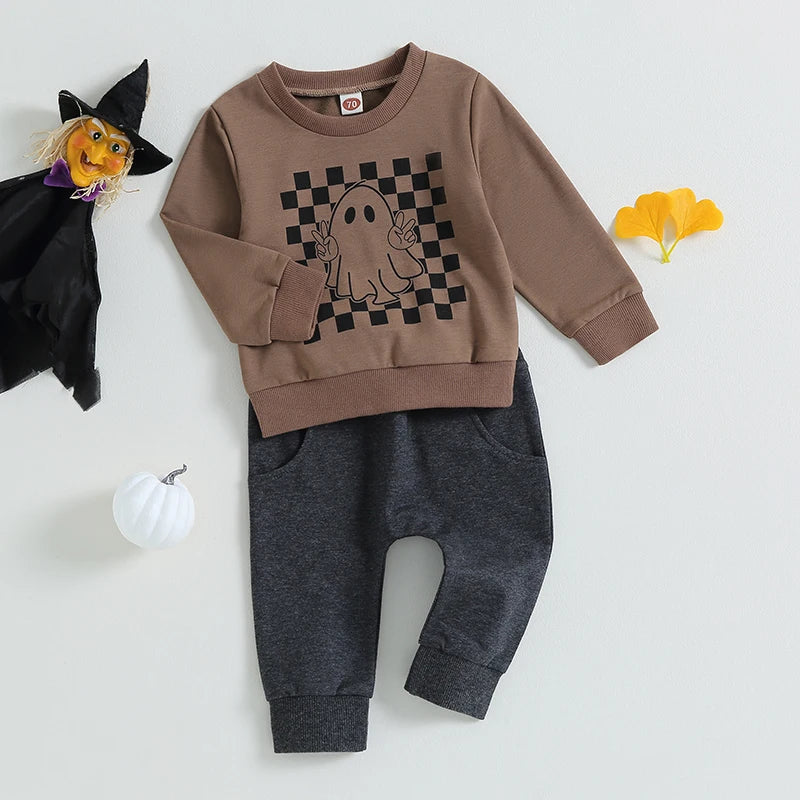 2pcs Kids Boys Autumn Clothes Sets 0-3Y Checkerboard Plaid Ghost Print Long Sleeve Sweatshirts Trousers