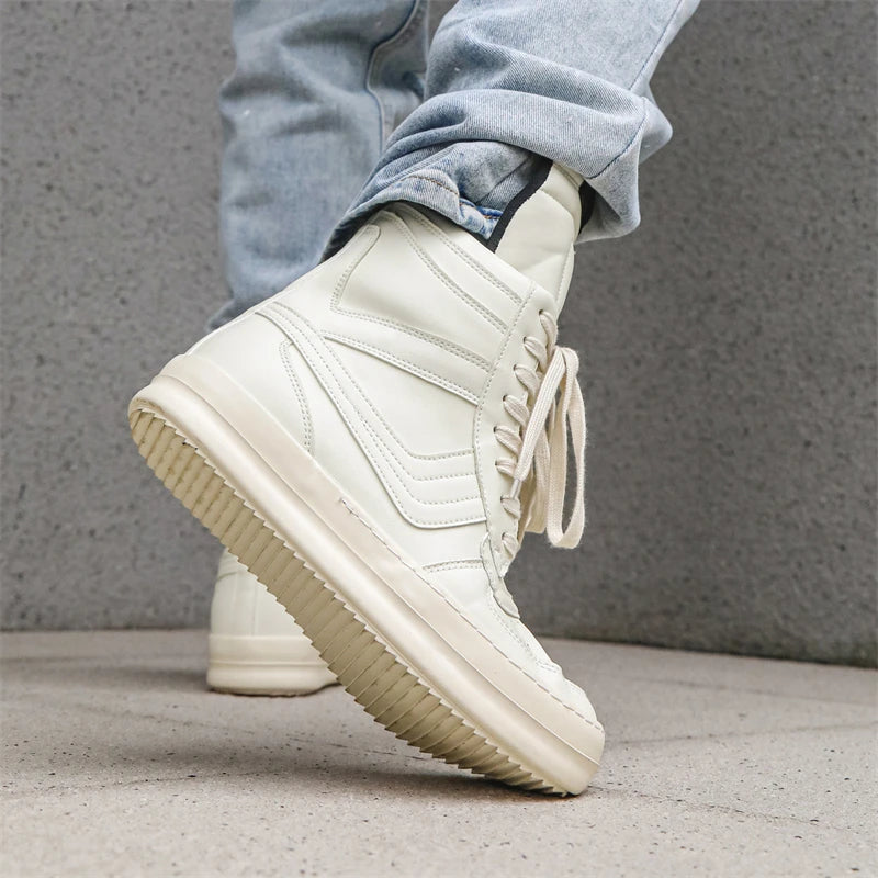 Men's High-Top Leather Sneakers - Lace-Up Ankle Boots