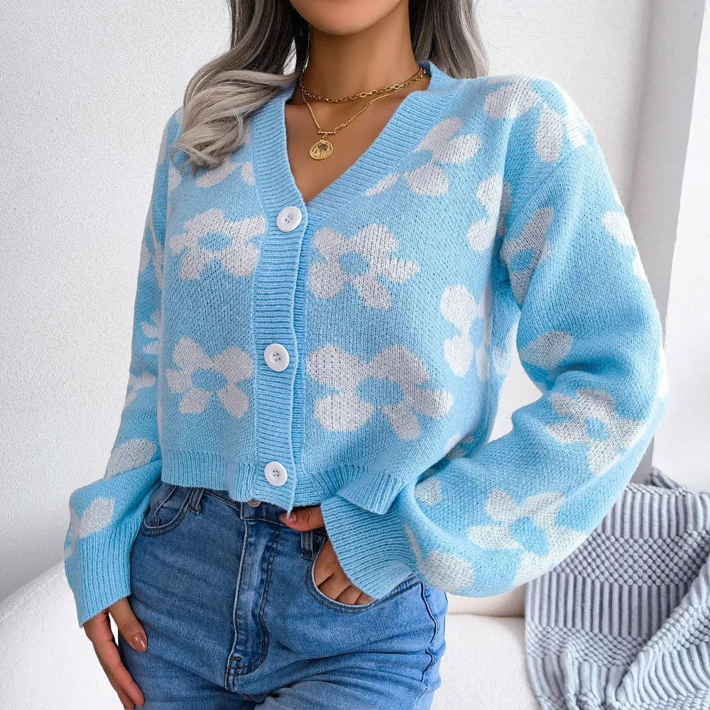 Women's Knitted Cardigan V Neck Single Breasted Sweater Flower Lantern Sleeve Jumper