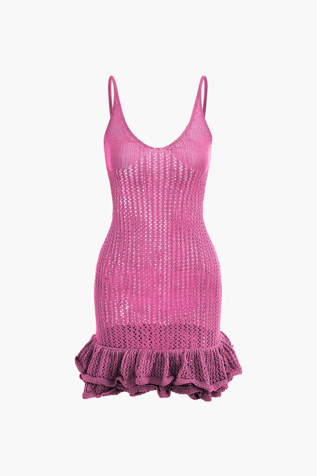 Women's Crochet Knit Mini Dress - Sleeveless Ruffle Hem Cover Up