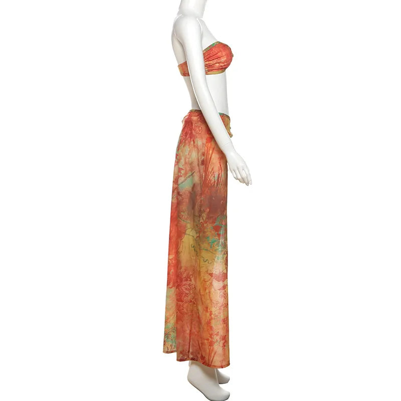 Women's Summer Beachwear Print 3 Piece Set Strapless Top Backless Split Skirt Bikini Dress Set