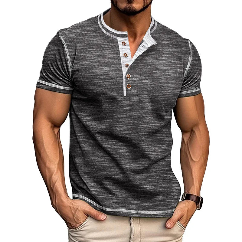 Men's Summer Henry Collar Patchwork Short Sleeve Casual Breathable Pullover T-Shirt