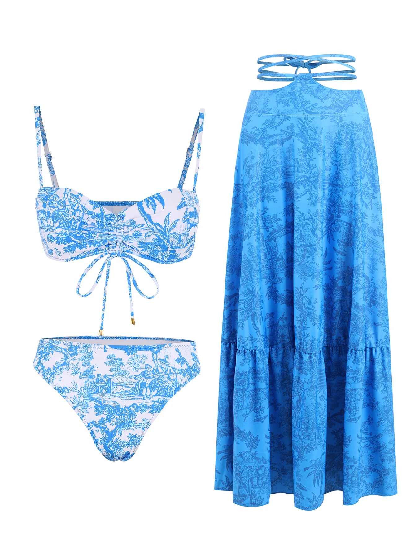 Women's Printed Strapless Bra Top & A-Line Maxi Skirt Three-Piece Beach Set