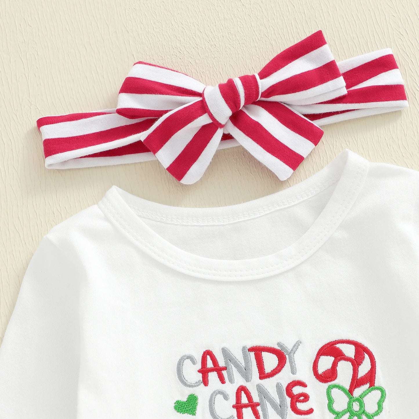 Baby Girls Christmas Outfit Set - Candy Cane Embroidery Long Sleeve Top, Flared Pants & Headband (0-3Y)