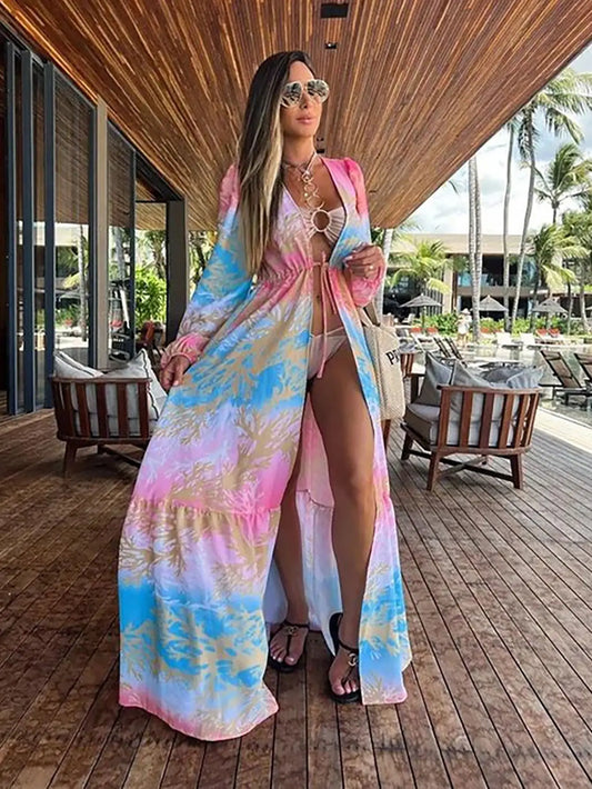 Women's Cover-ups Tunic Casual Print V-Neck Beach Outfits Long Kaftan Beach Dress