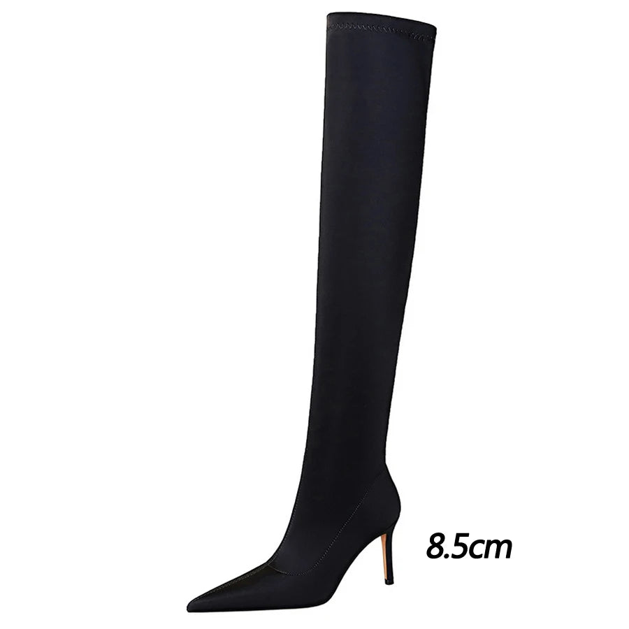 Satin Over-the-Knee Boots - Pointed Toe High Heel Elastic Autumn Winter Boots
