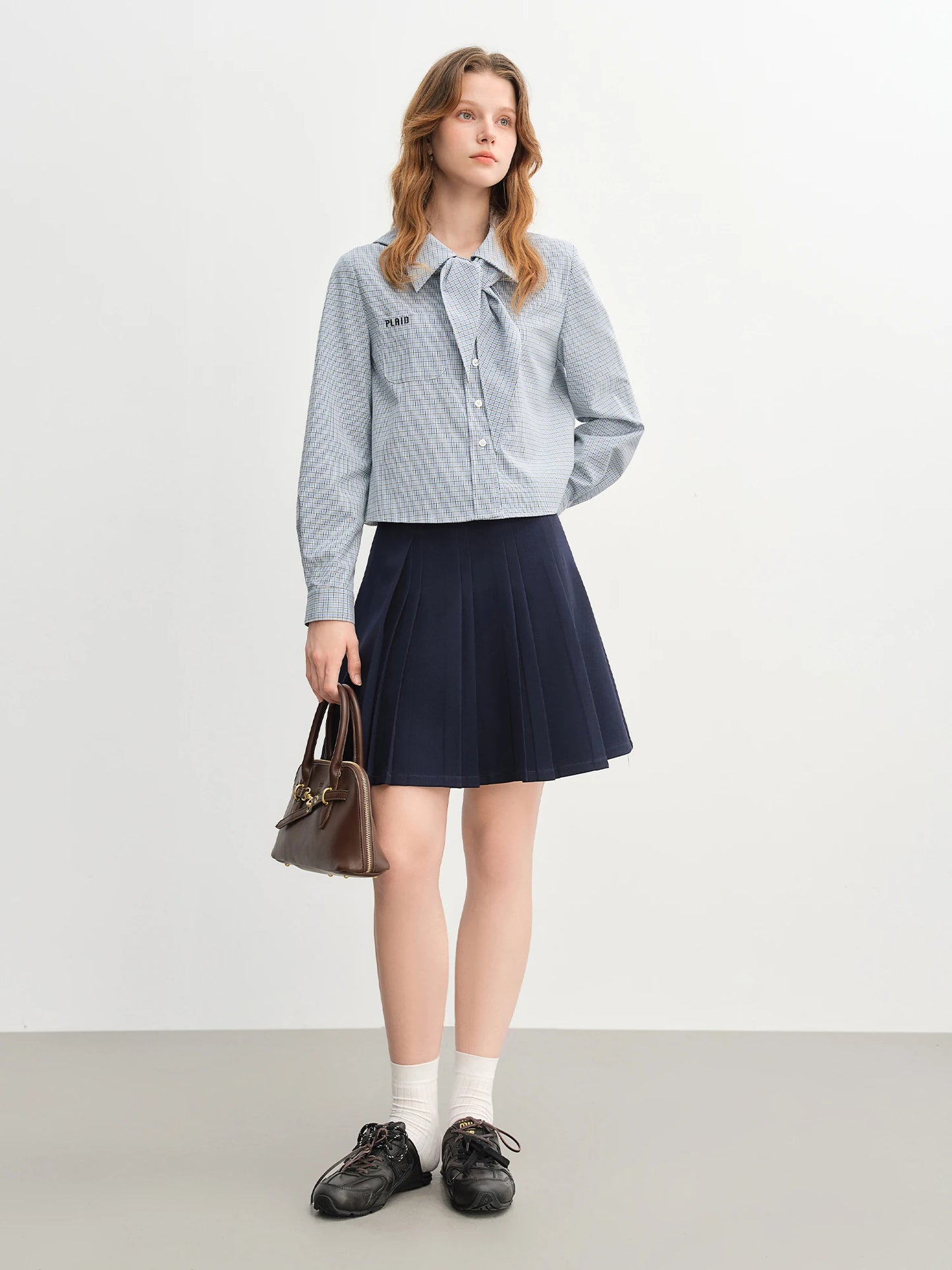 Blue Plaid Shirt & Navy Skirt Set - Long Sleeve Two-Piece