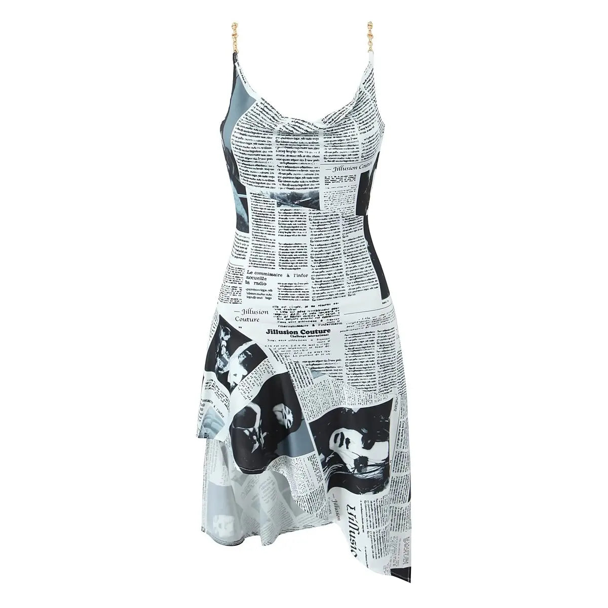 Newspaper Print Sling Dress - Backless Chain Strap Dress