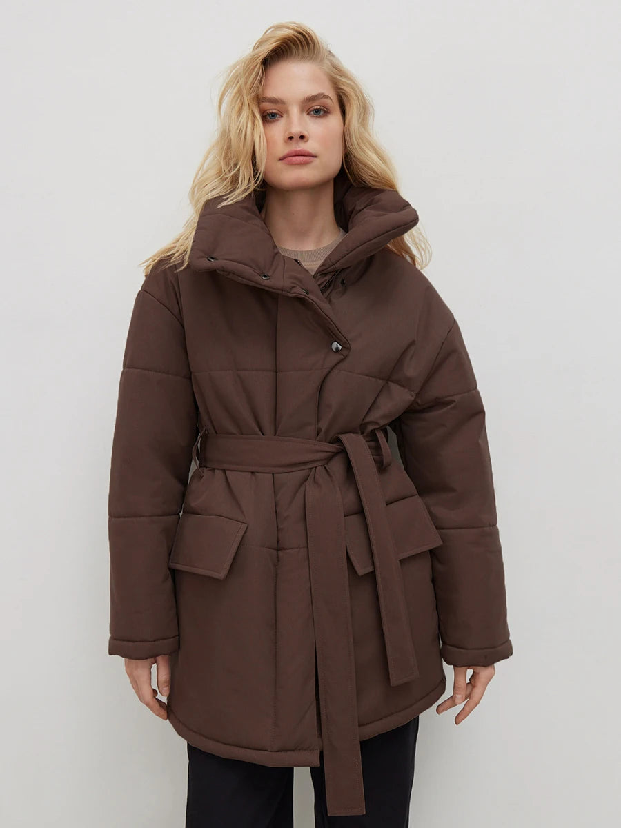 Women's Quilted Loose Parkas Coat Vintage Belted Puffer Jacket