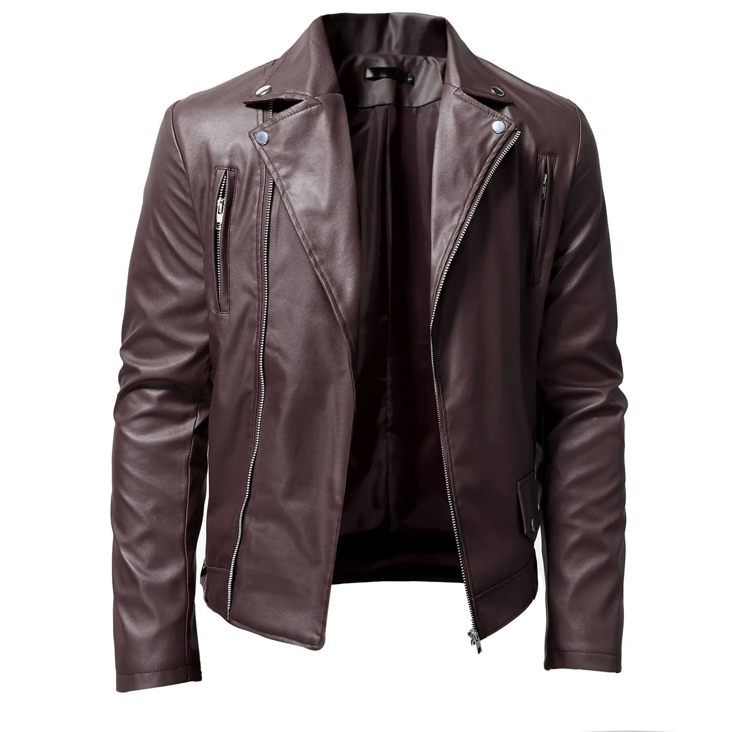 Men's PU Leather Turn Down Collar Motorcycle Jacket Coat