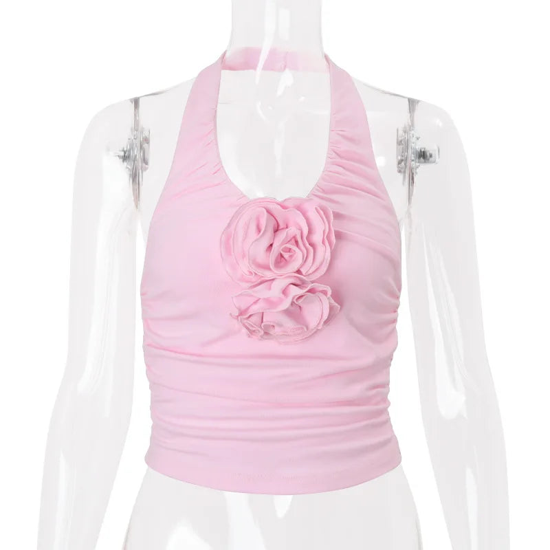 Women's Pink Floral Applique Halter Top - Y2K Backless Ruched Cropped Coquette Vest