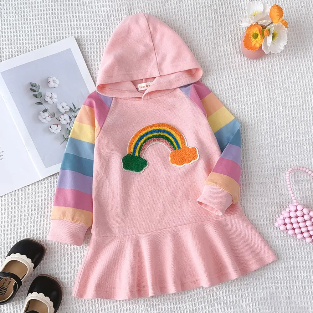 Girls Autumn Princess Rainbow Colourful Hooded Dress
