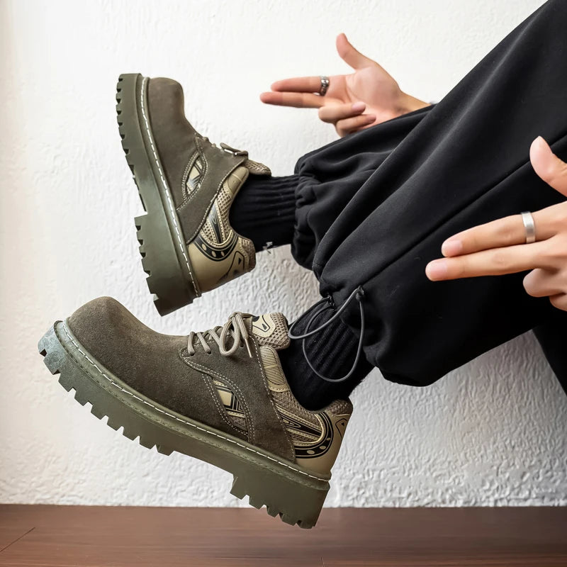 Men's Platform Suede Sneakers - Lace-Up Casual Outdoor Shoes