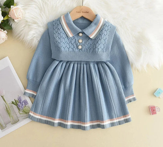 Girl's Sweater Long Sleeve Vest Stripe Retro Knitted Wool Dress