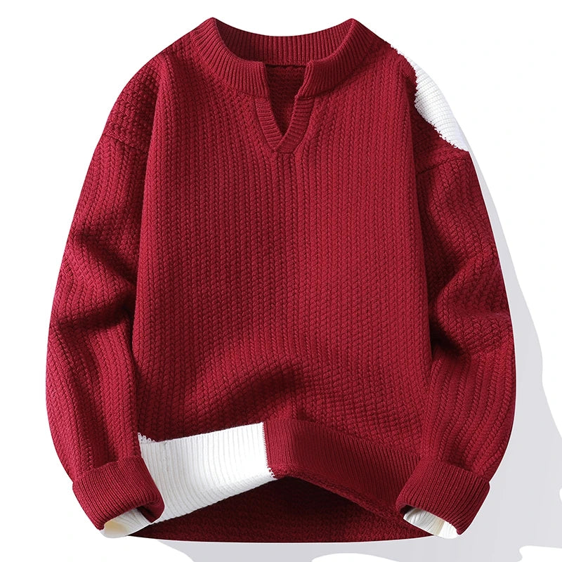 Men's Winter Knitted Sweater - V-Neck Patchwork Pullover