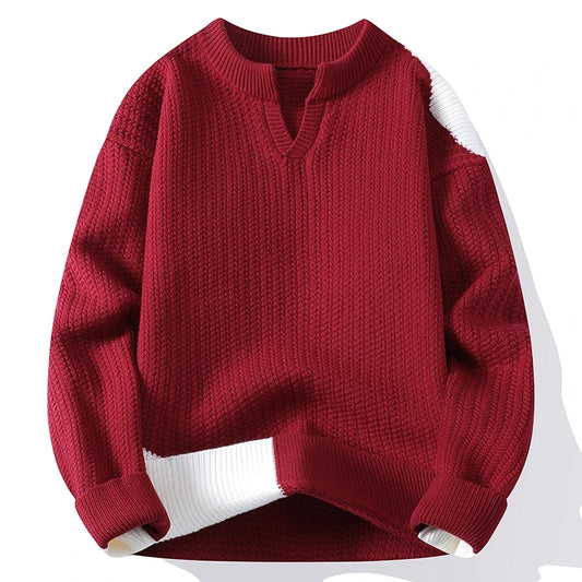 Men's Winter Knitted Sweater - V-Neck Patchwork Pullover