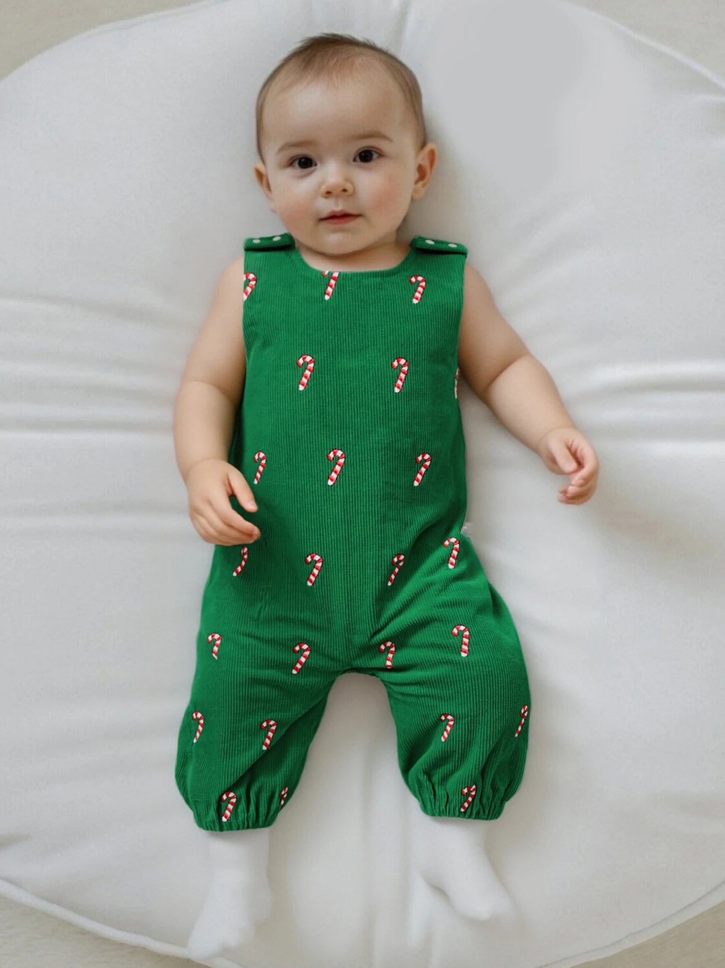 Newborn Baby Boys Christmas Romper - Sleeveless Round Neck Candy Cane Embroidery Jumpsuit