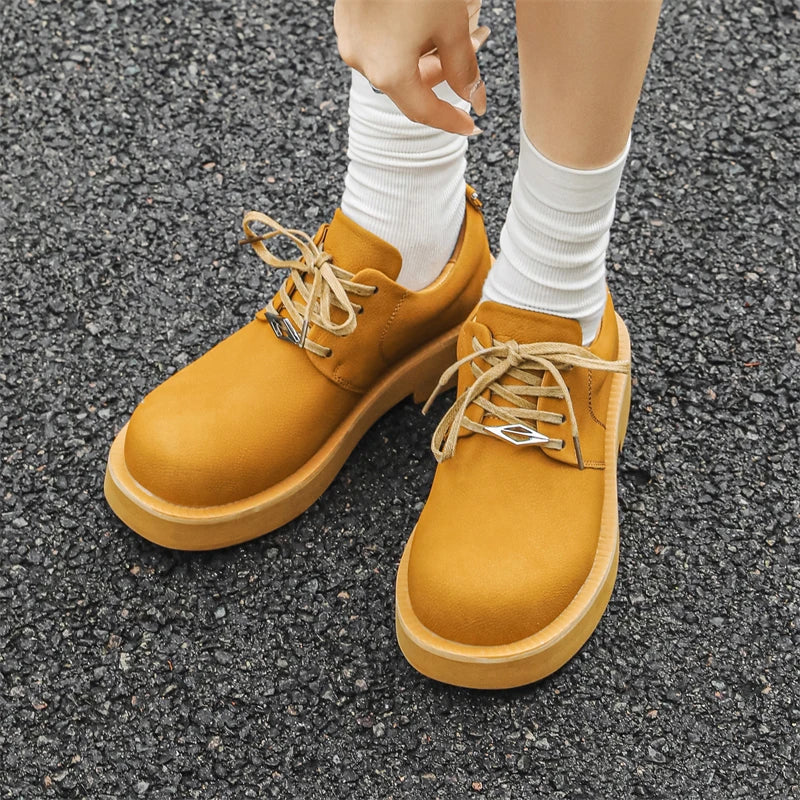 Men's Platform Leather Sneakers - Lace-Up Work Shoes