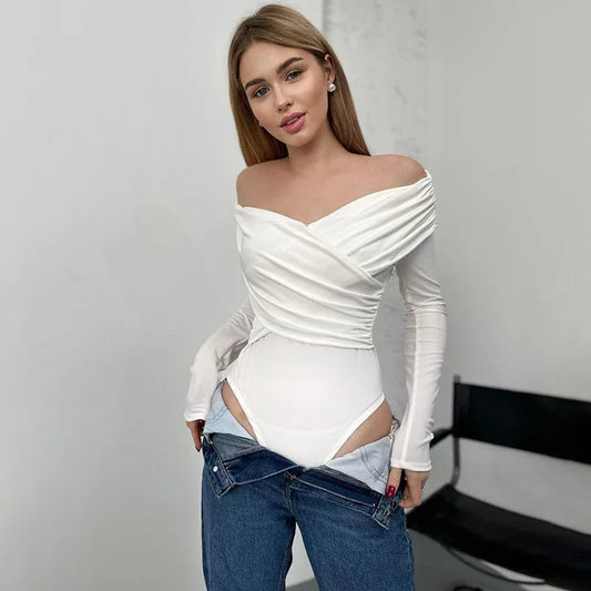 Women's Off Shoulder Ruched Wrap Bodysuits Outfits for Women Elegant Skinny One Piece Long Sleeve Top