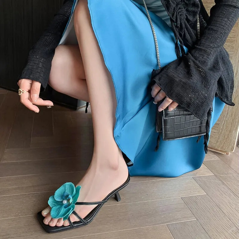 Women's 3D Flower Beach Slippers - Square Toe Heel Sandals