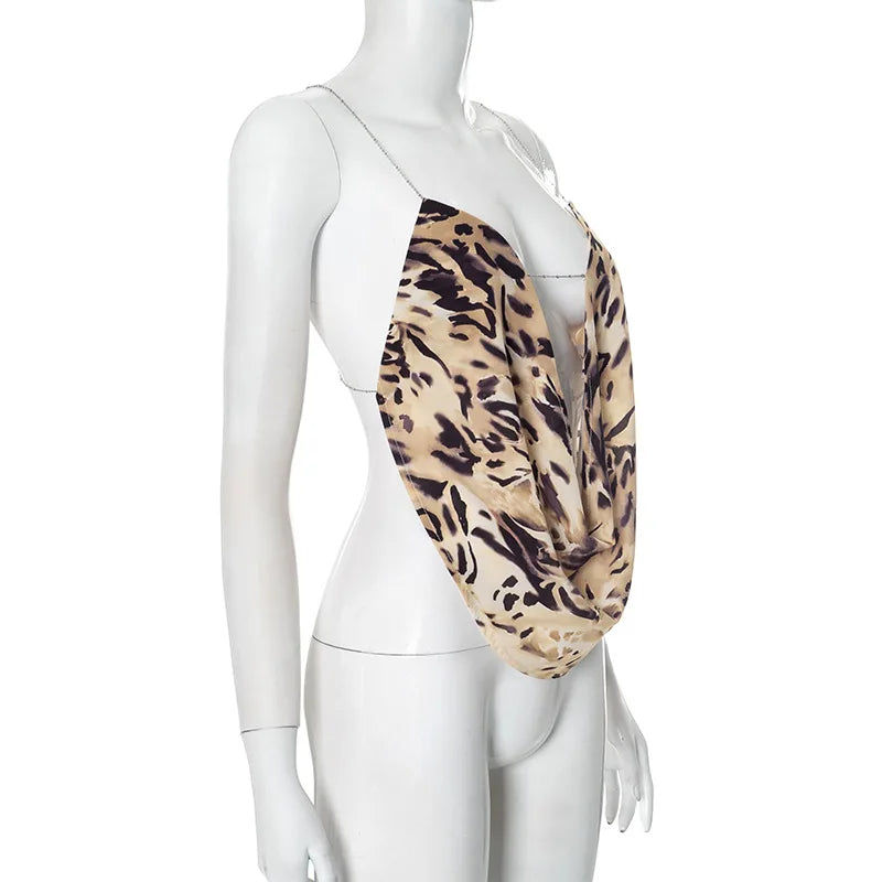 Women's Leopard Print Draped Cami Top - Deep V Neck Chain Detail Backless Crop Top