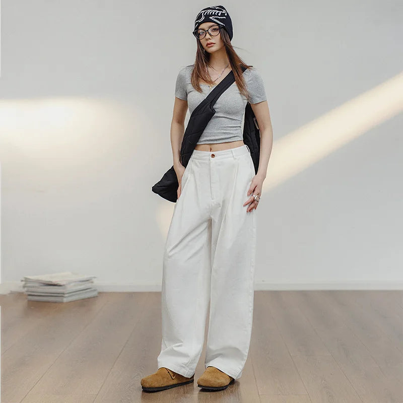 Women's White 100% Cotton Wide-Leg Cargo Trousers | Loose Straight Streetwear Pants