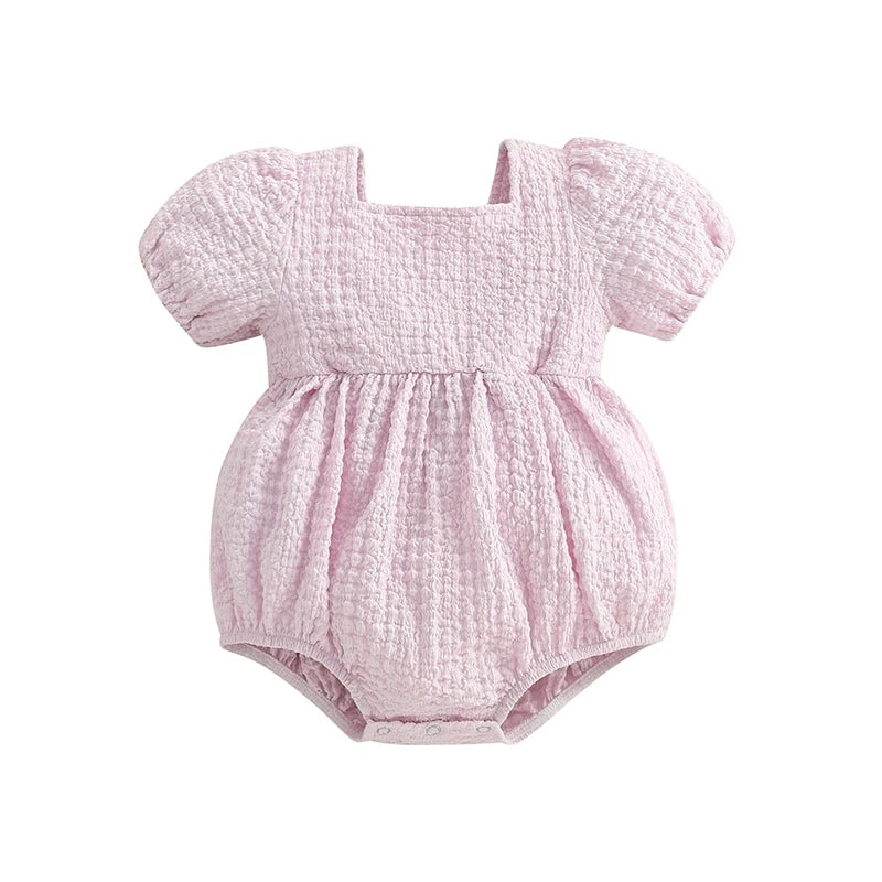 Baby Girls Bubble Romper - Short Puff Sleeve Square Neck Backless Playsuit