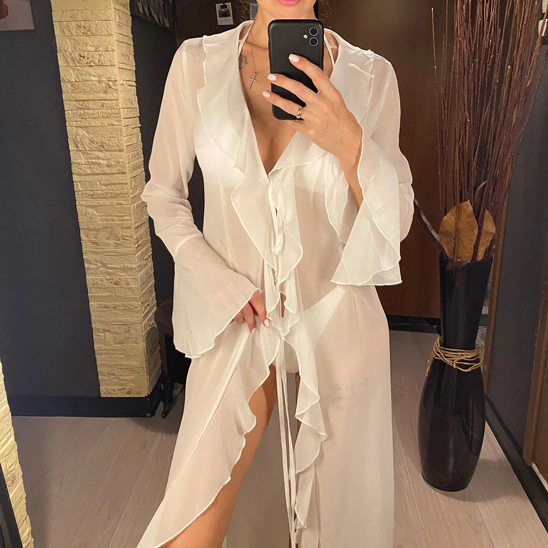 V Neck Ruffled Long Sleeve Chiffon Beach Cover Up Dress