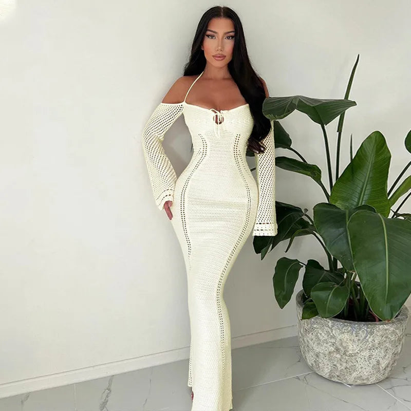 Women's Off Shoulder Halter Knit Dress - Long Sleeve Elegant Backless Tie Front Maxi Dress