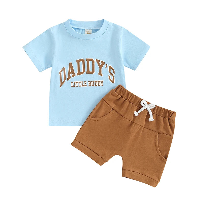 0-3Y Toddler Baby Boy Summer Clothes Set- 2pcs Letter Print Short Sleeve T-Shirt with Elastic Waist Solid Colour Shorts