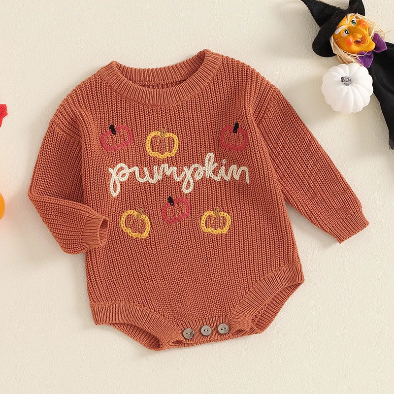 0-18M Baby Girls Boys Halloween Sweater Romper - Long Sleeve Letter Pumpkin Embroidery Jumpsuit