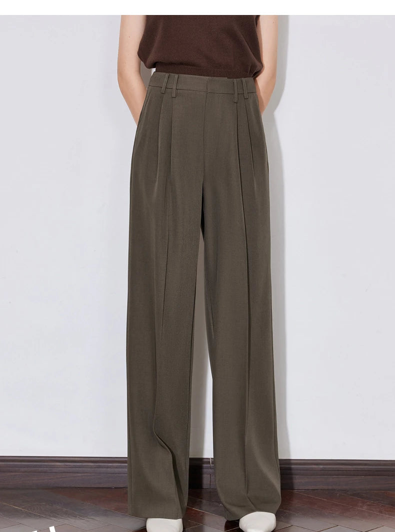 Women's High Waist Straight Leg Suit Trousers with Pockets | Brown