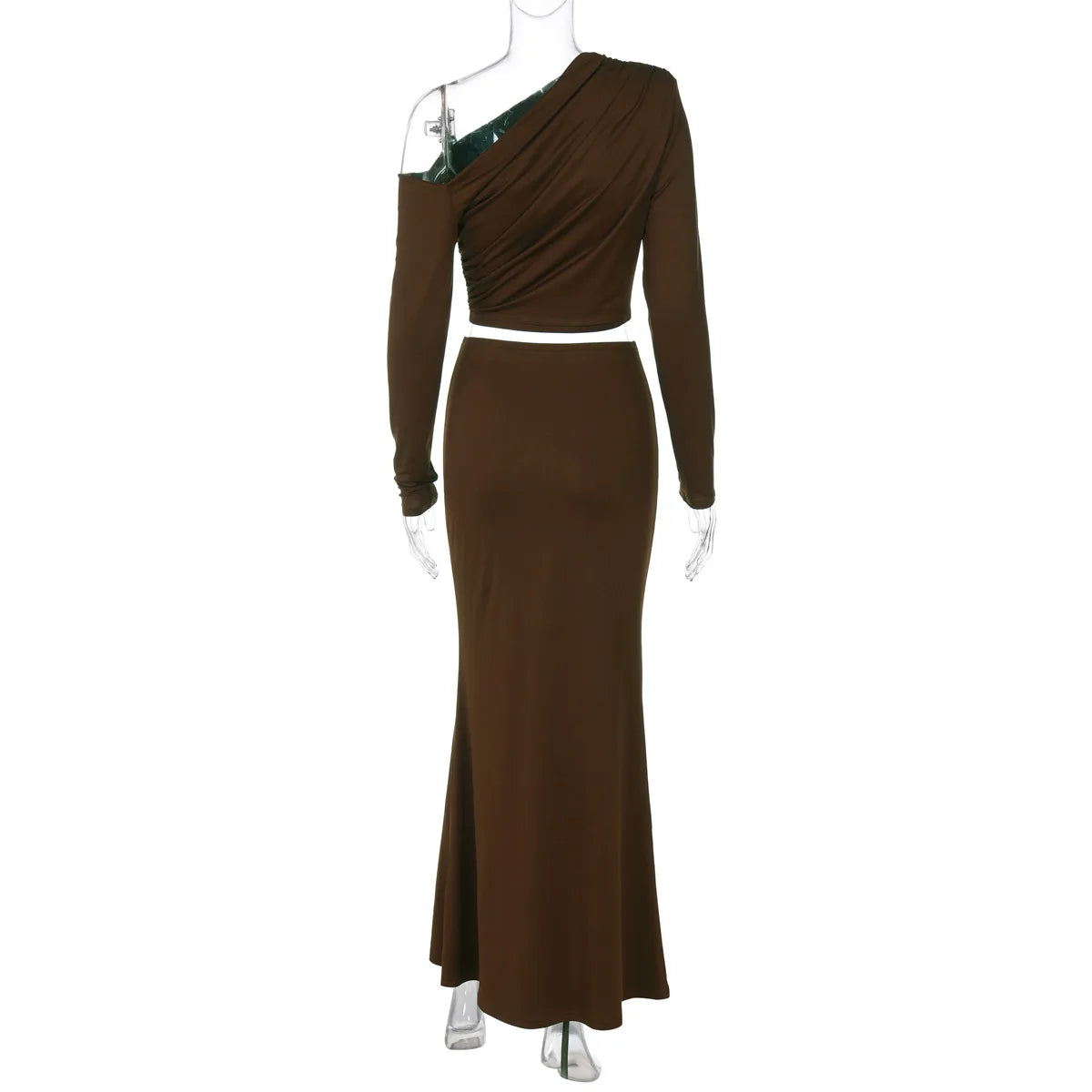 Women's Elegant Ruched 2 Piece Dress Set - Asymmetrical Top & Maxi Skirt