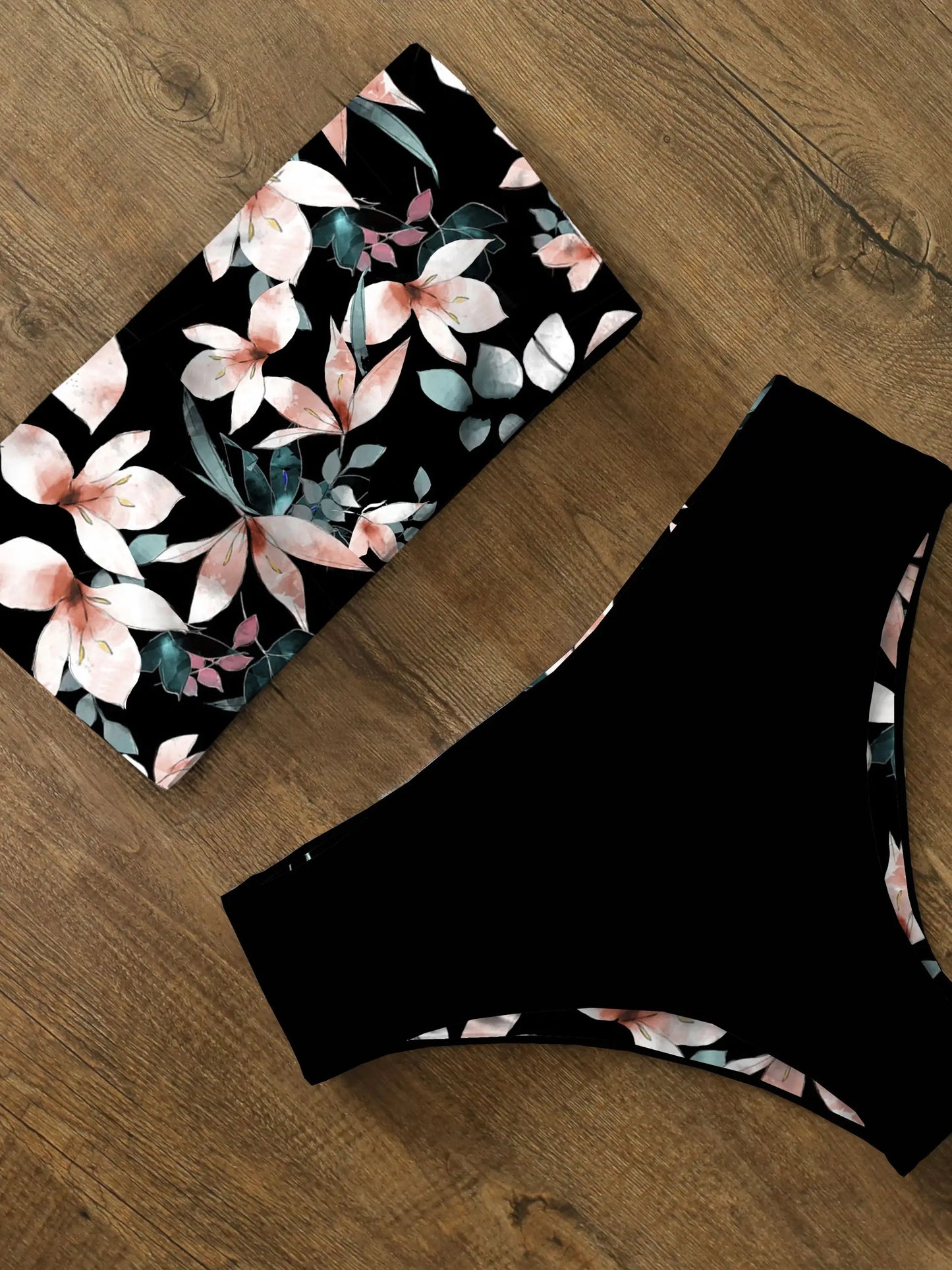 High Waist Bikini Set - Cross Back Bandeau Swimsuit with Print