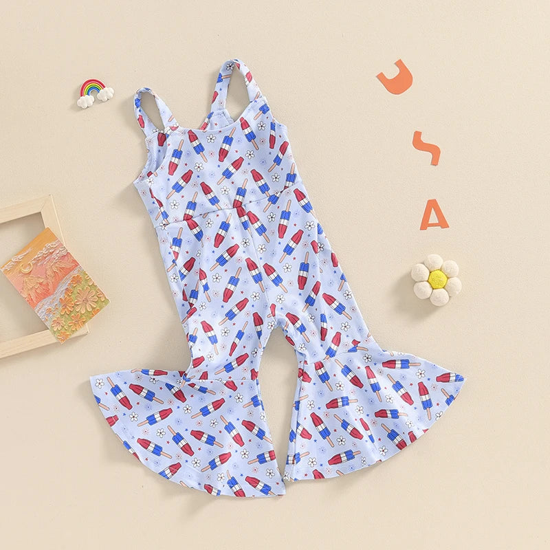 Toddler Kids Girls Jumpsuit - 0-4Y Sleeveless Flower USA Flag Print Bell Bottom Overalls