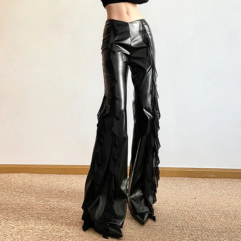 Women's Mesh Splicing PU Flare High Waist Slim Fit Black Long Trousers