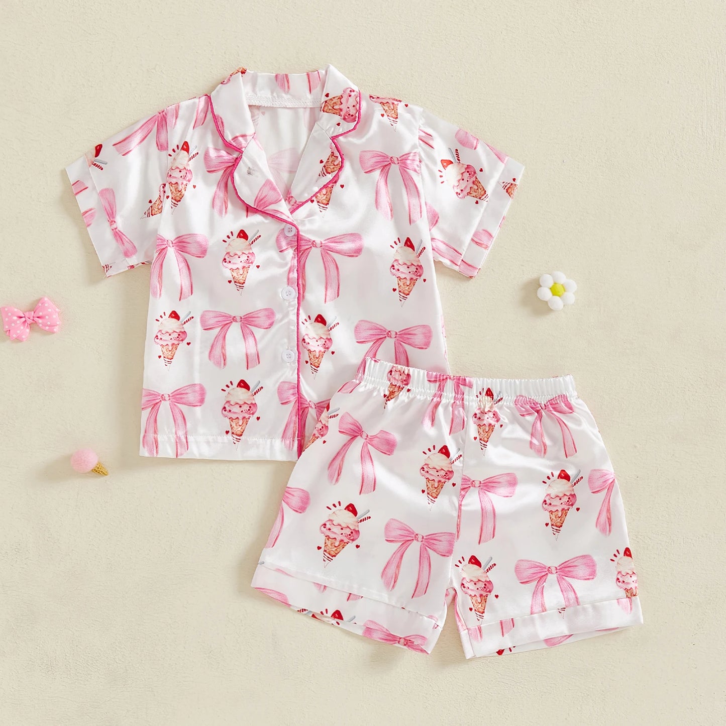 0-4Y Summer  Kids Girls Summer Pyjamas Clothes Sets 2pcs Flower Bow Print Single Breasted Shirts and Shorts