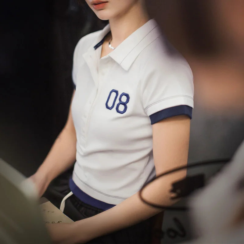 Women's White Embroidered Polo Shirt - Preppy Short Sleeve Tennis Top with Color-Block Design