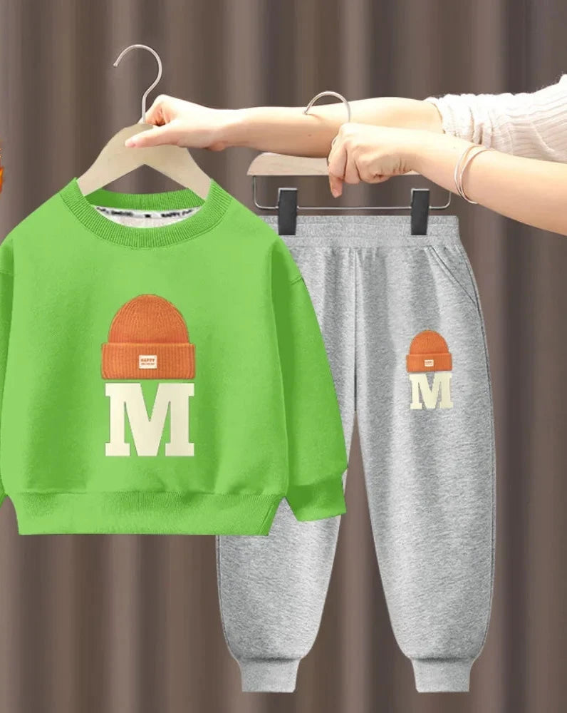 Children's Plush Letter Sweater Long sleeved Pants Two Piece Set