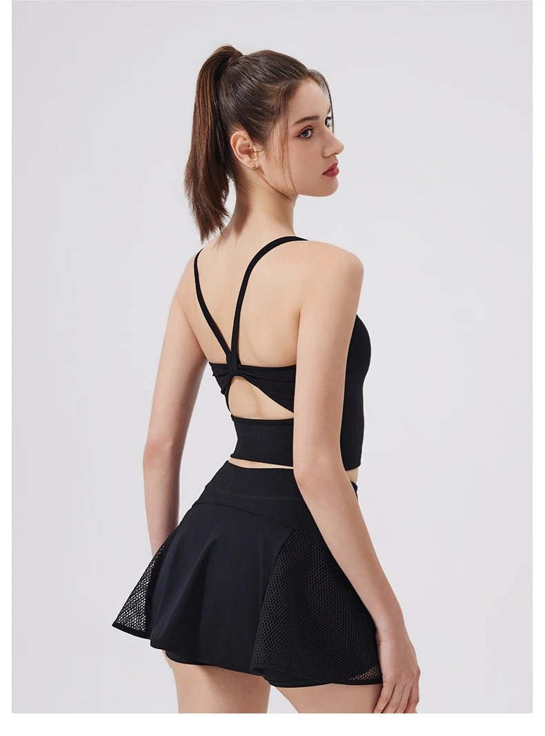 Women's Two-Piece Fitness Set with Golf Skort - Summer Tennis & Yoga Activewear
