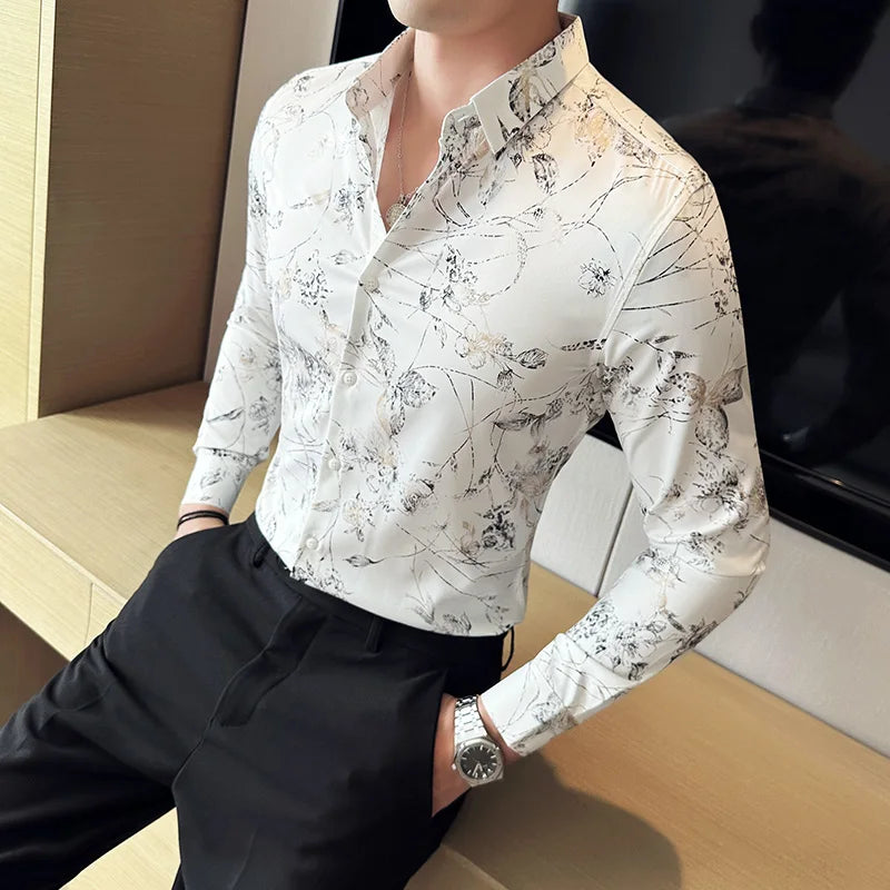 Men's Print Shirt - Slim Fit Long Sleeve Turn Down Collar Shirt