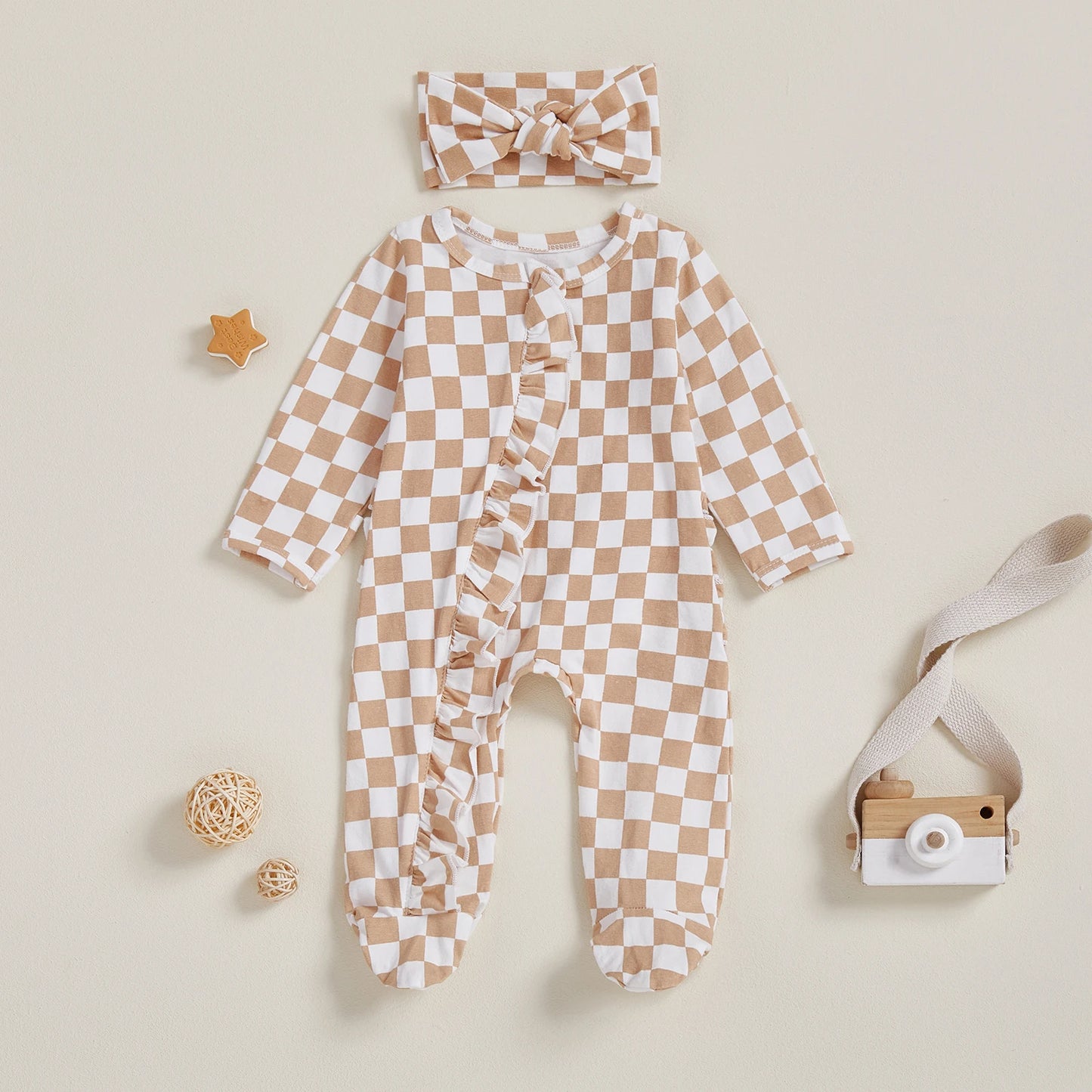 Newborn Baby Footie Set with Headband - Checkerboard Ruffled Zip Front Jumpsuit