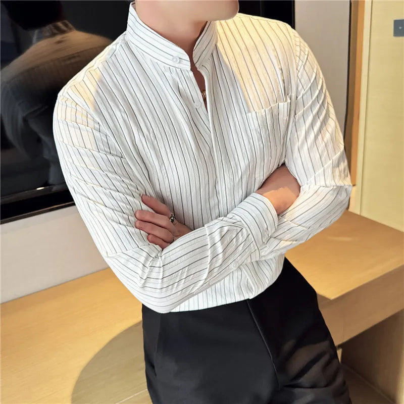 Men's Striped Stand Collar Long Sleeve Single Breasted Shirt