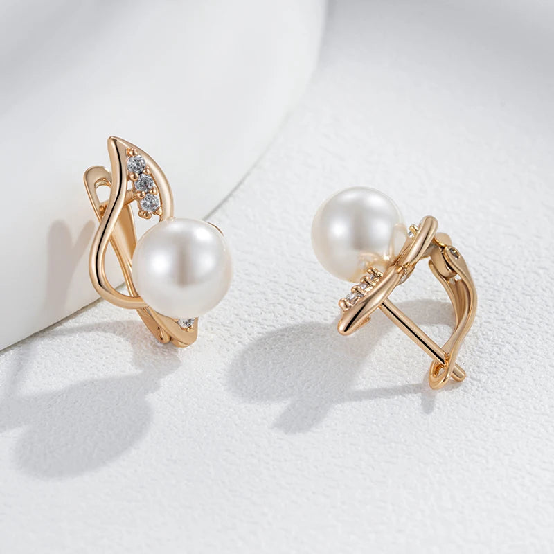 Women's Unique Geometric Natural Zircon 585 Rose Gold Colour Pearl English Earrings