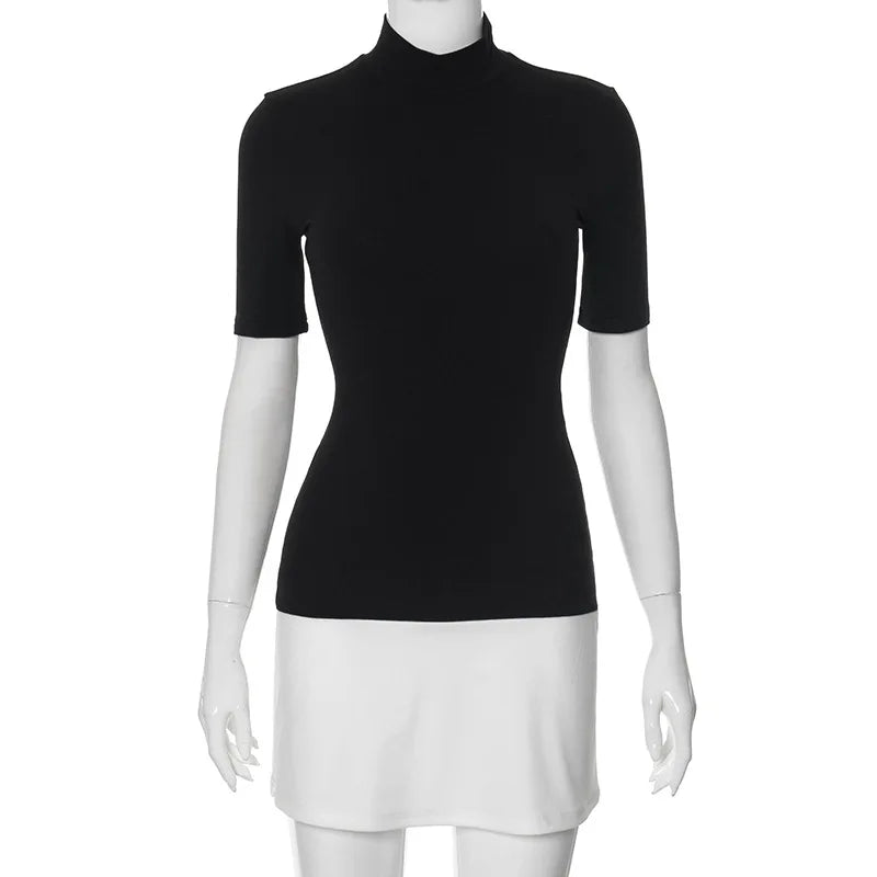 Women's Contrast Colour Slim Mini High Waist Splice Party Half Turtleneck Dress