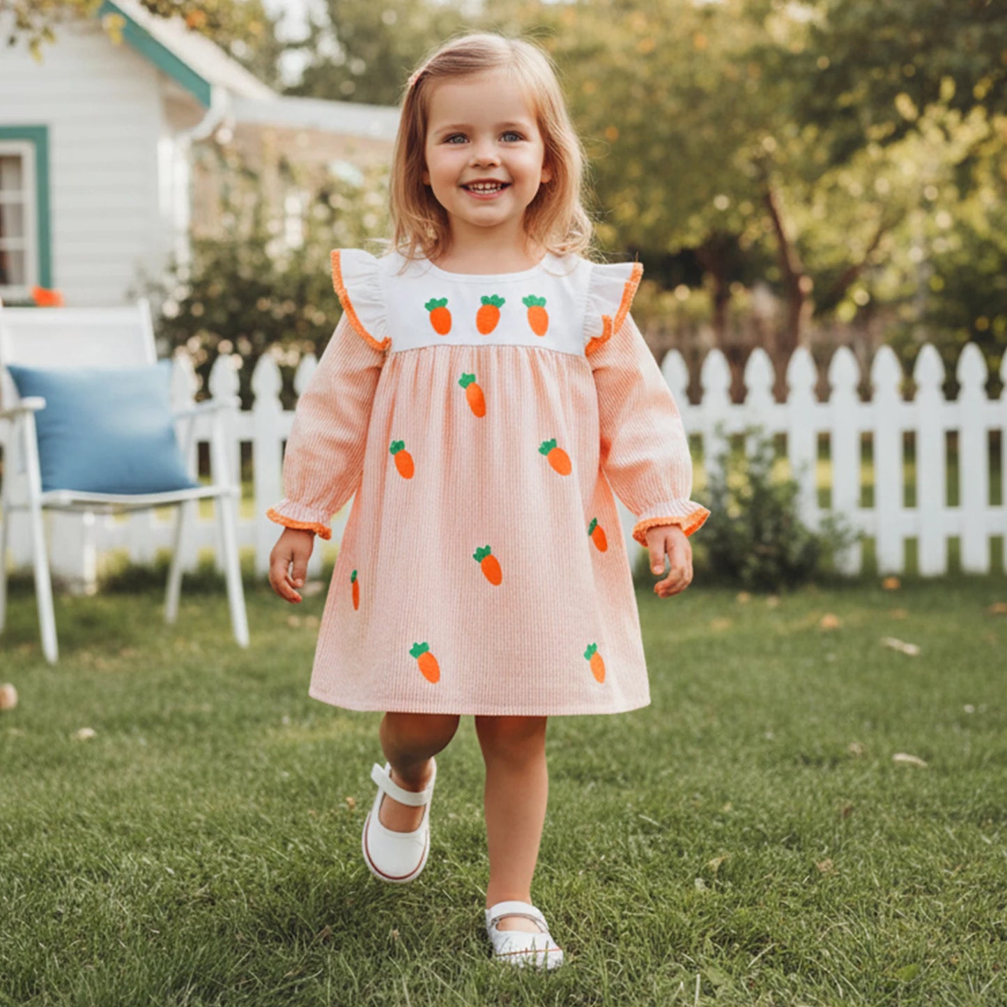Striped Carrot Embroidered Easter Dress - Girls Long Sleeve A-Line Dress