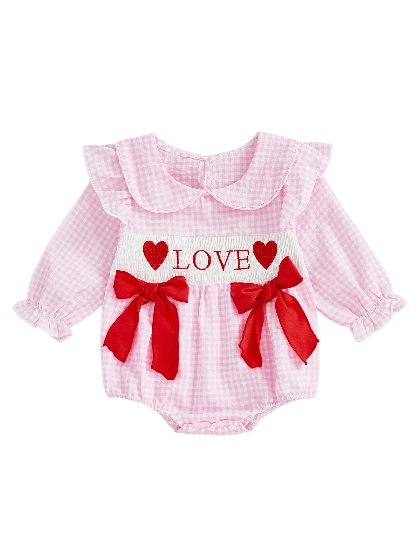 Baby Girls Valentine's Romper - Plaid Embroidered Ruffled Doll Neck Jumpsuit 0-18M